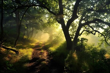 Fototapeta premium Pathway Through Sunlit Woods: A serene path meanders through a sun-dappled forest, with towering trees and filtered light creating a magical atmosphere.