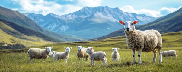 Obraz premium Serene Mountain Pasture: Sheep Family in Majestic Landscape