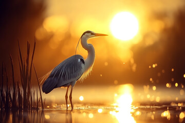 Naklejka premium Close-up of an elegant grey heron standing on the shore, golden hour lighting, soft-focus background with reeds and water in bokeh, high-resolution photography.