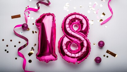 Pink balloon number 18 for eighteenth birthday or anniversary party. White background with confetti