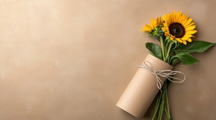 Yellow Sunflowers in Brown Paper Wrapping on Beige Background