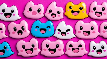 Fototapeta premium Colorful Kawaii Faces on Pink Background: Playful Cartoon Expressions for Creative Design