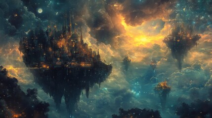 Obraz premium Celestial Cities: A Fantasy Landscape of Floating Islands and Starry Skies