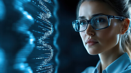 woman with glasses observing futuristic holographic display of genetic data