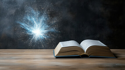 glowing book with pages turning on their own, revealing magic