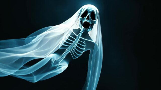 Spooky Specter's Aura: An ethereal ghost floats menacingly against a black background. Its translucent veil and skeletal structure create a haunting atmosphere.