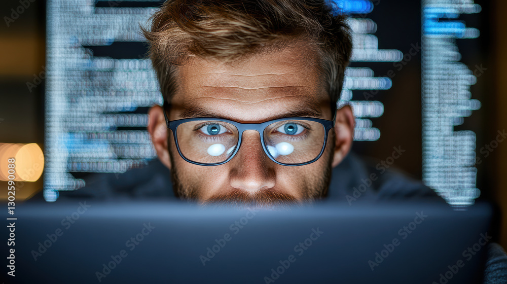 Poster focused hacker working in dark, illuminated by screen glow