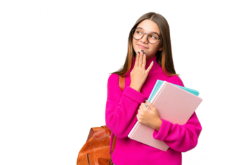 Teenager student caucasian girl over isolated background looking up while smiling