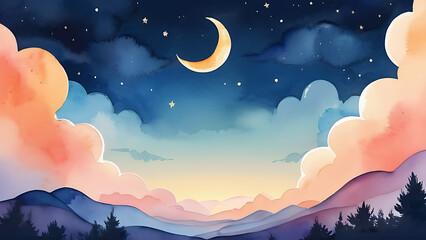 Obraz premium Watercolor Moonlit Sky Over Mountain Landscape with Trees and Clouds Art