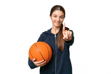 Teenager caucasian girl playing basketball over isolated background showing and lifting a finger