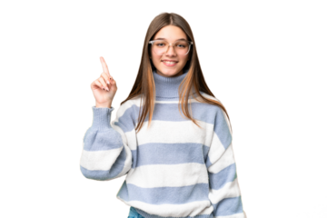 Teenager girl over isolated chroma key background pointing up a great idea