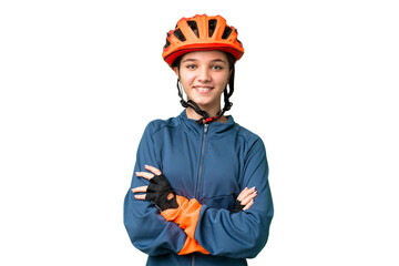 Teenager cyclist girl over isolated chroma key background keeping the arms crossed in frontal...