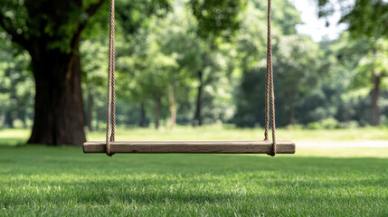 lone swing sways gently in breeze, surrounded by lush greenery