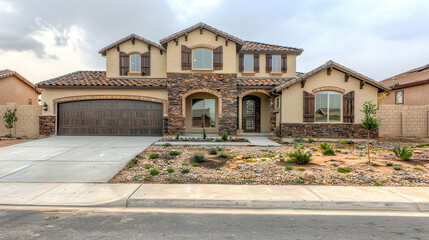 Two Story Tan Stone House with Brown Garage Doors and Landscaping