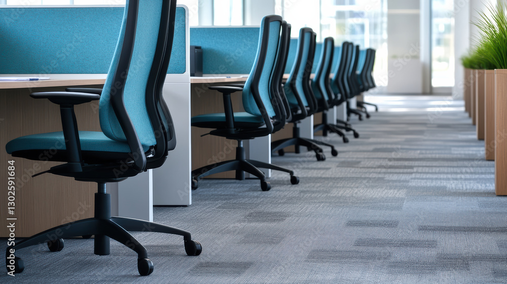 Poster empty office cubicles with ergonomic chairs and modern design create serene workspace