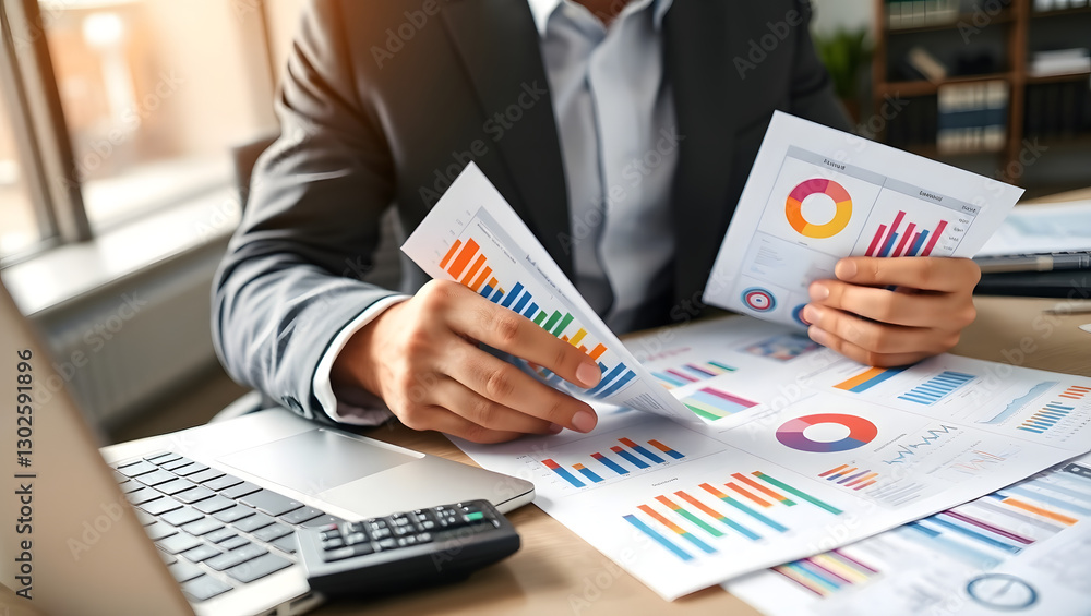 Poster a person working at a desk, analyzing financial charts and graphs. a laptop and calculator are also 