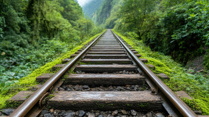 Fototapeta premium long forgotten railway track covered in thick green moss and surrounded by lush trees