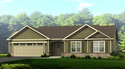 Beige Ranch Style House with Brown Roof and Green Lawn