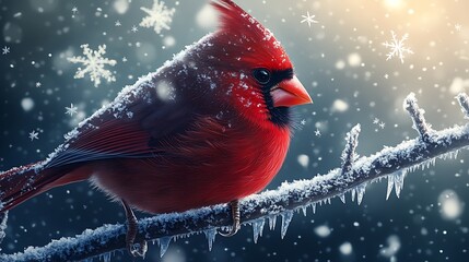 A close-up of a red cardinal perched on a frosty branch, snowflakes softly falling in the background, fine details of the bird's feathers and icy crystals visible