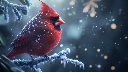 A close-up of a red cardinal perched on a frosty branch, snowflakes softly falling in the background, fine details of the bird's feathers and icy crystals visible