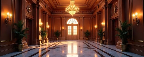 Fototapeta premium Grand entrance hall with high ceiling and chandelier, opulent lighting, grand entrance, high ceiling