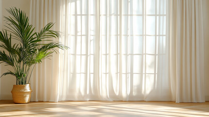 Bright sunlight filters through sheer curtains, illuminating cozy room with potted plant