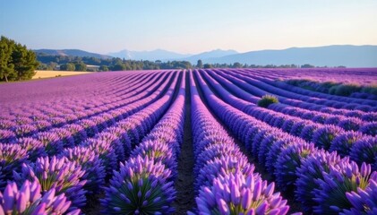 Obraz premium Lavender fields with diagonal rows of tall flowers in the distance, serene, nature, diagonal