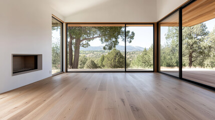 spacious minimalist interior with large windows showcasing mountain view