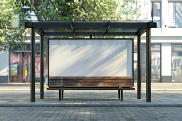 Detailed Color Picture of Empty Bus Stop in the City 3D Render Business Concept