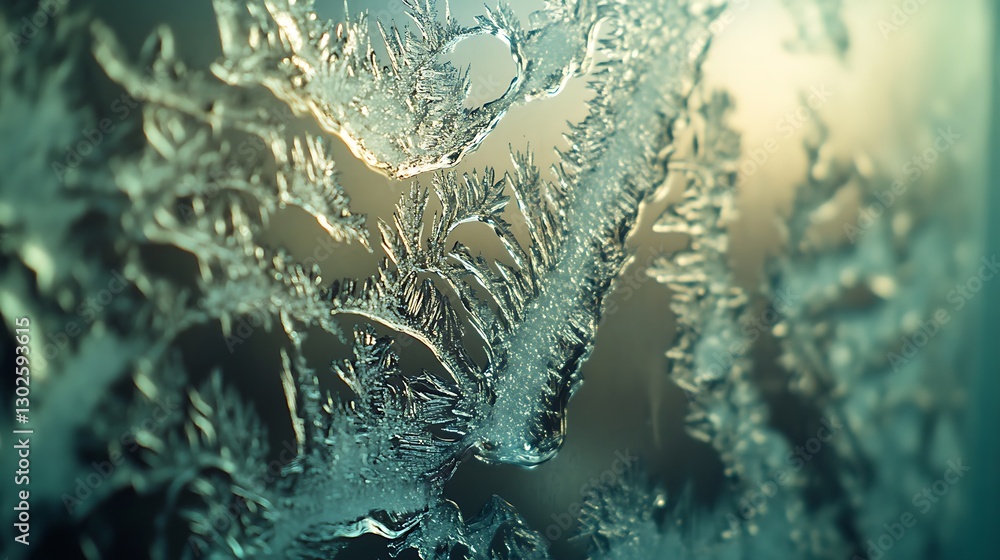 Aufkleber a close-up of frosted window panes, intricate ice patterns glimmering as soft light streams through
