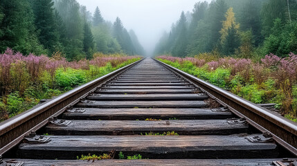 Fototapeta premium mysterious railway track disappearing into fog, surrounded by lush greenery and wildflowers