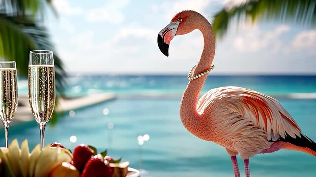 Elegant flamingo adorned with pearls stands by a luxurious poolside with tropical fruits and drinks