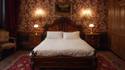 Fototapeta premium Elegant vintage bedroom with floral wallpaper and wooden furniture