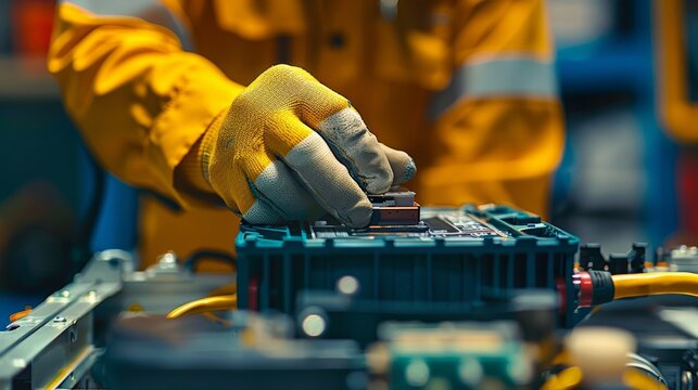 Mechanic in bright yellow jacket works on electric vehicle battery in well equipped workshop