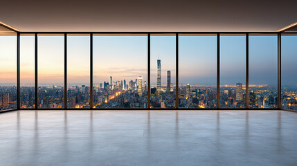 Naklejka premium panoramic view of city skyline from empty modern room, showcasing urban beauty