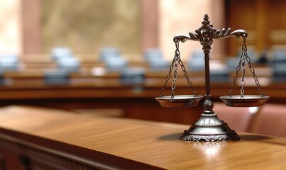 blurred background of an empty courtroom with the scales of justice in focus, symbolizing the complex and grave nature of the law