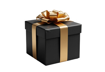 Black gift box with gold ribbon and bow, transparent background