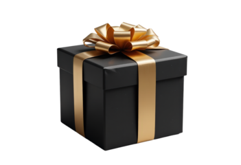 Black gift box with gold ribbon and bow, transparent background