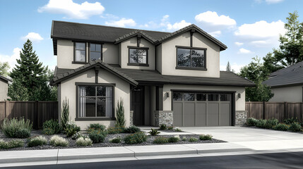 Modern Two Story House Exterior with Gray and Tan Accents