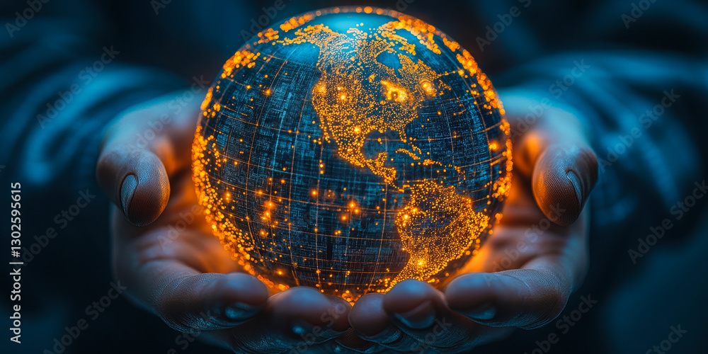 Poster illuminated digital globe in hands symbolizing global connectivity and technology networks