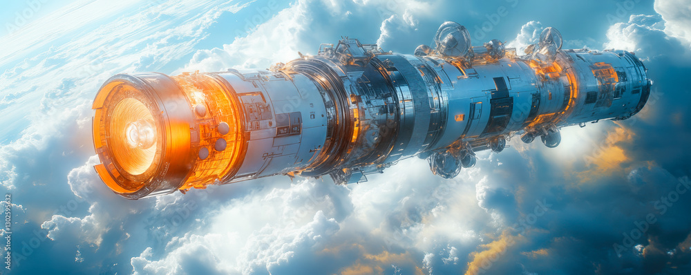 Poster futuristic spacecraft navigating through earth's outer orbit with advanced technology and energy sys
