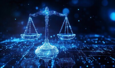 A cinematic shot of the scales of justice, representing social media law and complex artificial intelligence technology