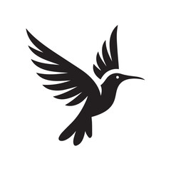 Fototapeta premium Abstract black and white bird illustration with a silhouette of a hummingbird, crow, and sparrow in flight, featuring wings, beak, and feathers in a simple, cute, and artistic design