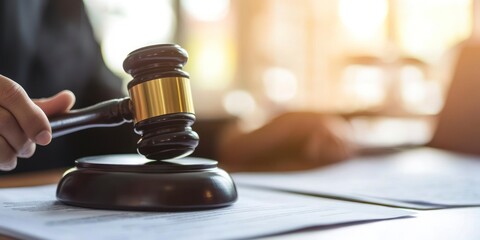 close-up of a lawyer's gavel on the table, with court documents and papers in the background