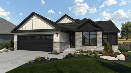 Modern Two Story House Exterior with Grey Stone and Black Accents