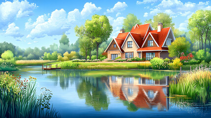 Obraz premium Lakeside House with Red Roof and Lush Green Surroundings