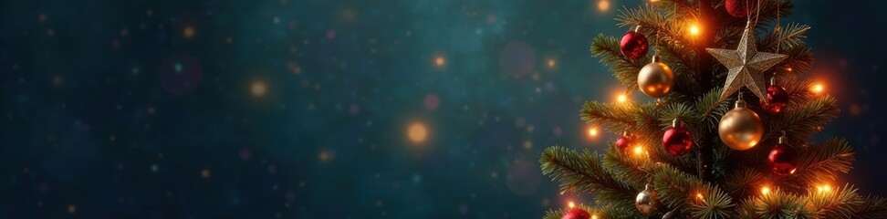 Ornate Christmas tree, twinkling lights, star topper, gift, lights, fir