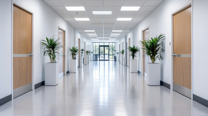 Obraz premium modern corridor with wooden doors and potted plants creates serene atmosphere