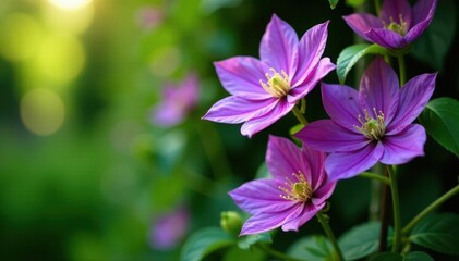 Large, fragrant, showy, purple clematis flowers drooping from a tall climbing plant stem, clematis, plant, garden