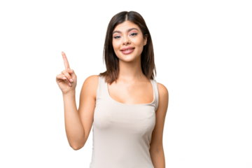 Young Russian woman over isolated chroma key background pointing up a great idea
